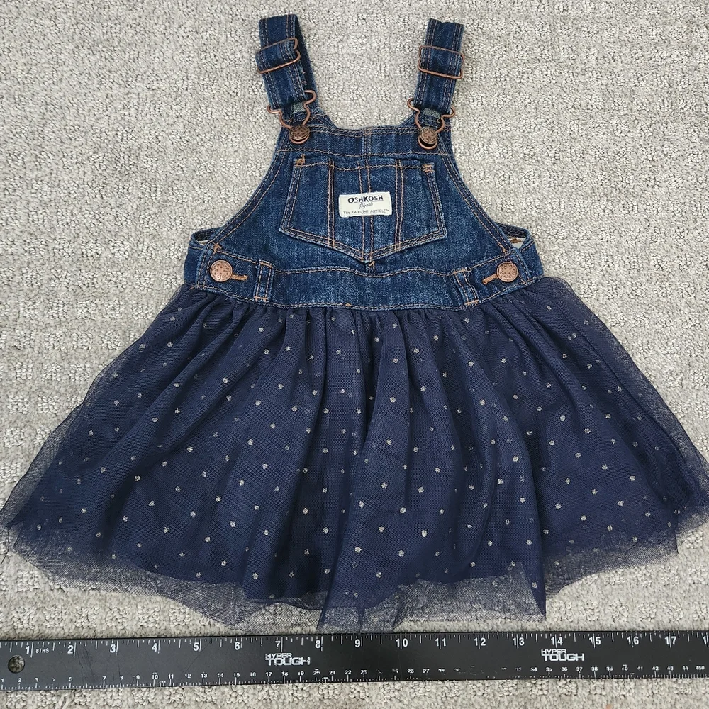 Oshkosh B’Gosh Vestbak Overall Dress Navy Tulle Sparkle Polka Dot Size 18 Months